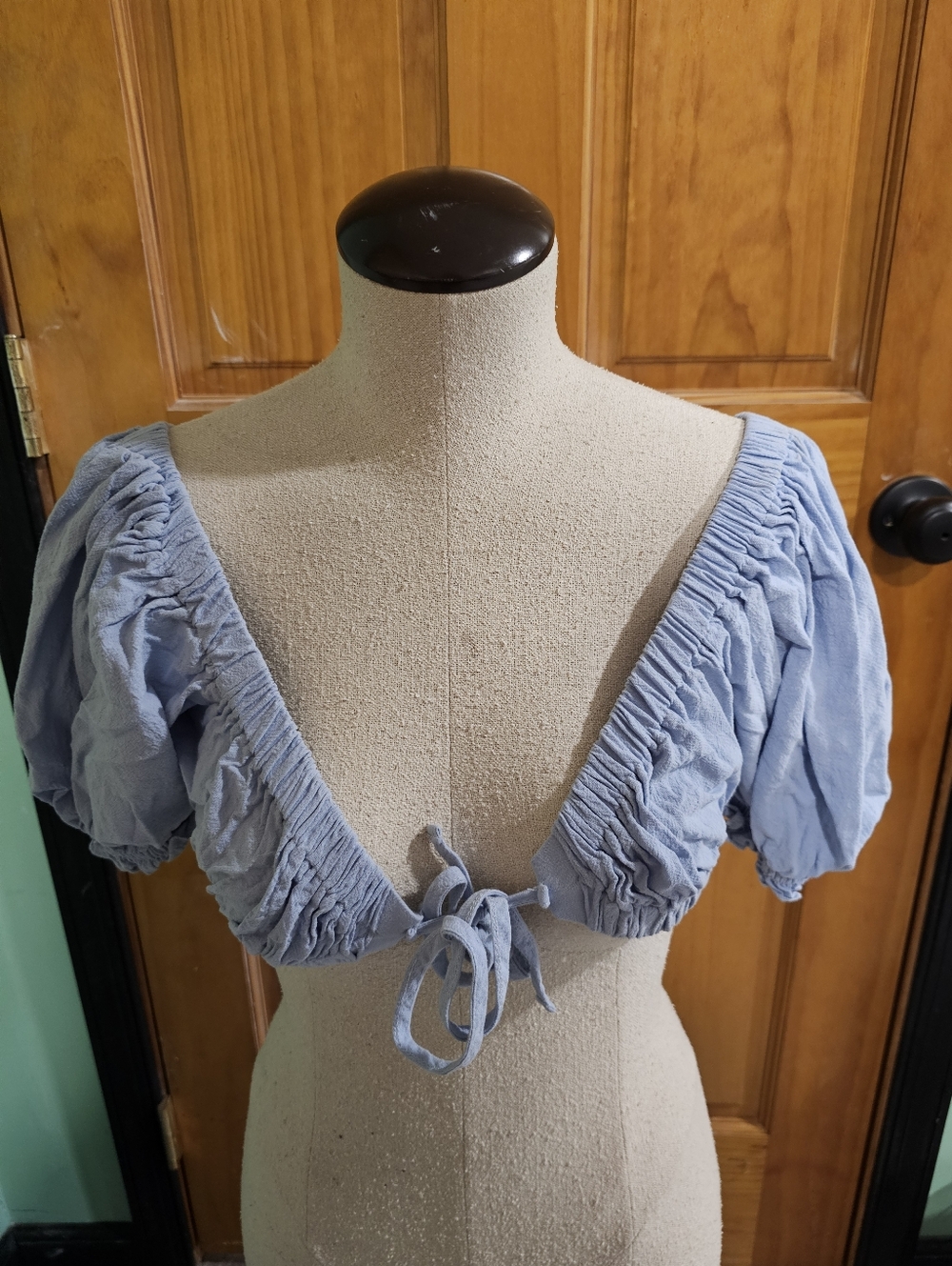 Light Blue Off-Shoulder Smocked Crop Top